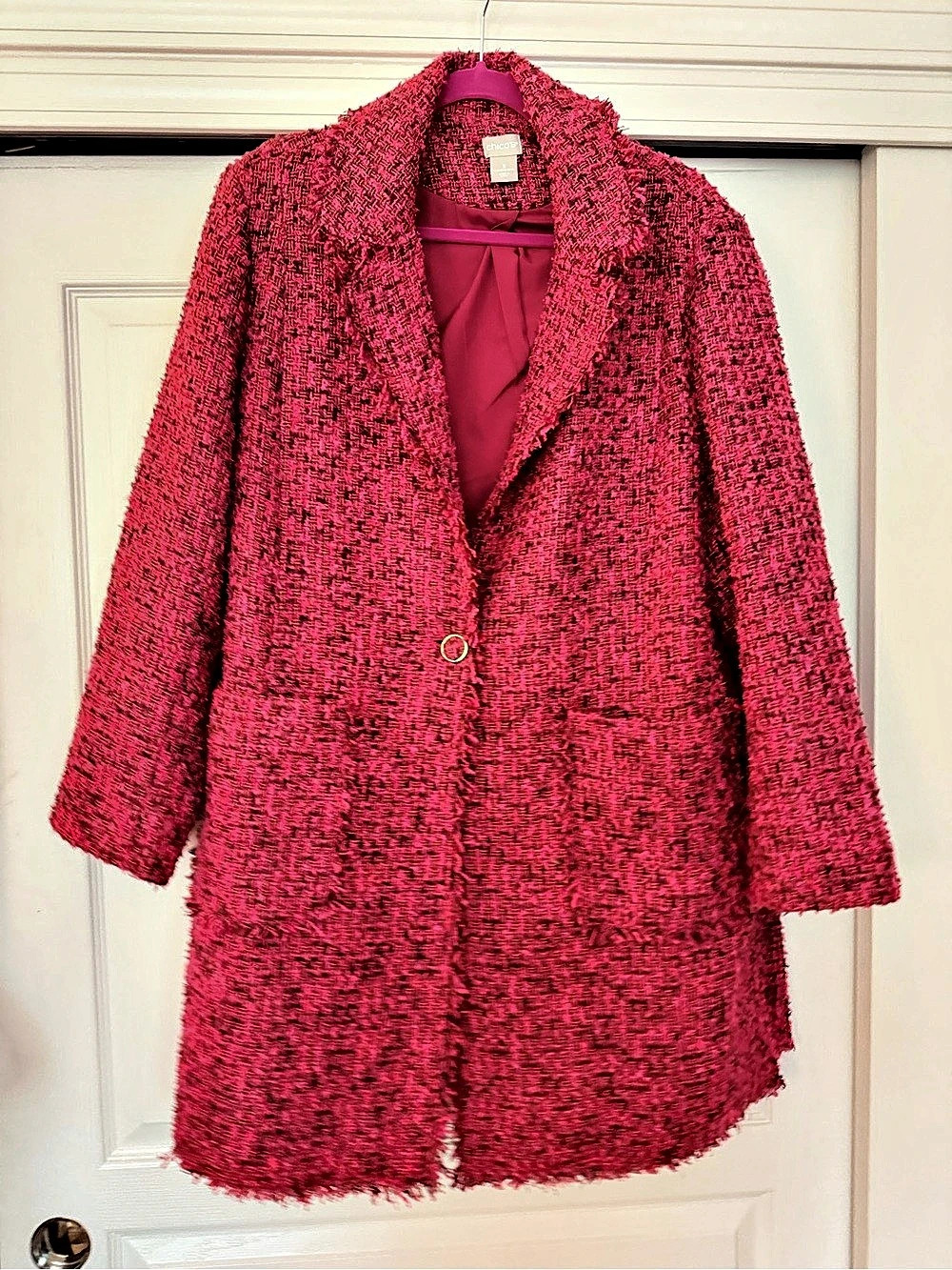 New Chico's Coat in Red and Black Tweed Frayed Trim